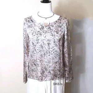 CLUB MONACO 100% Silk Blouse Grey Off-white Abstract Print Round Neck L-Sleeve